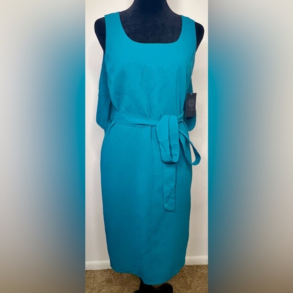 NWT Vince Camuto sleeveless teal dress. Pleated cape back. wrap sash belt. 2 - Picture 5 of 16